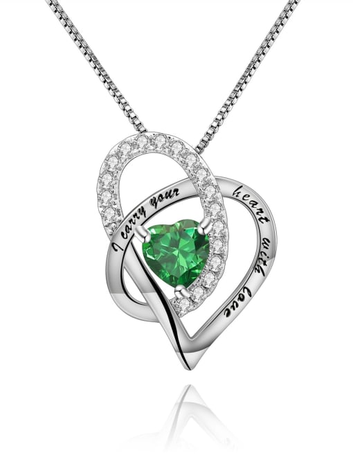 Green zirconium Pendant +Chain 925 Sterling Silver Birthstone Minimalist  Heart Pendant Necklace