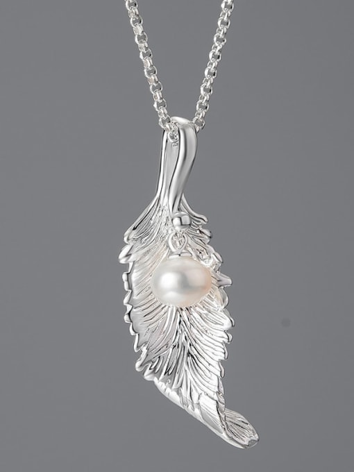 Silver LFJE0227B 925 Sterling Silver Imitation Pearl Artisan Leaf  Pendant