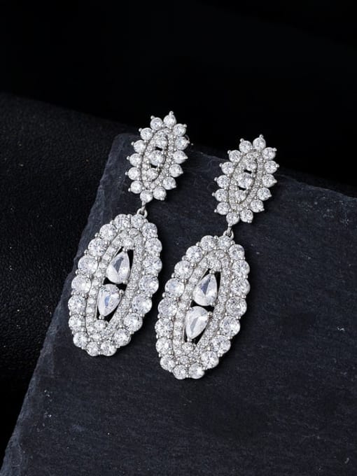 silvery 925 Sterling Silver Cubic Zirconia Geometric Statement Cluster Earring