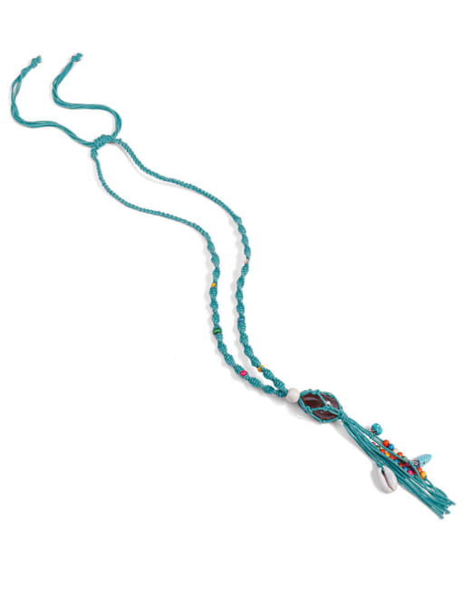 N70252 Bead Cotton Rope Stone Tassel Hand-Woven Artisan Lariat Necklace
