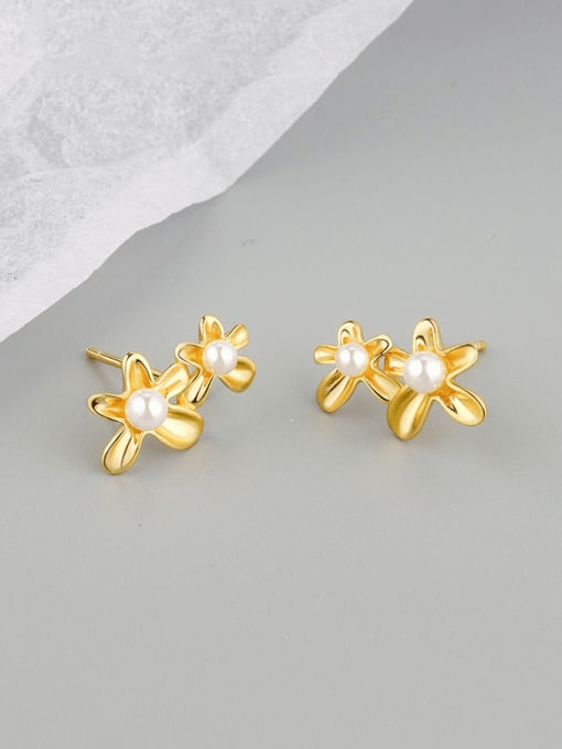 18k Gold 925 Sterling Silver Imitation Pearl Flower Minimalist Stud Earring