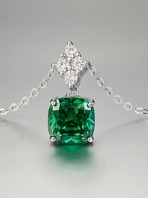 N410 Emerald Green 925 Sterling Silver High Carbon Diamond Square Luxury Necklace