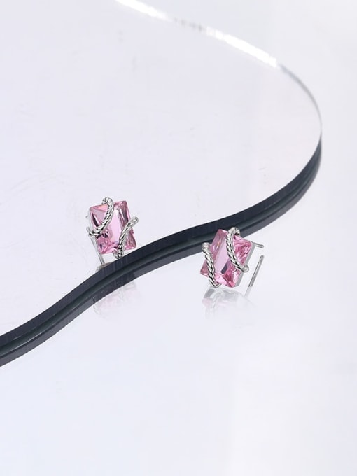 E2725 Pink Glass Platinum 925 Sterling Silver Cubic Zirconia Geometric Vintage Stud Earring