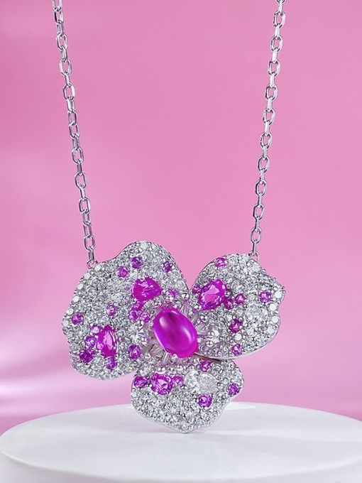 N399 Pink 925 Sterling Silver Cubic Zirconia Flower Luxury Necklace