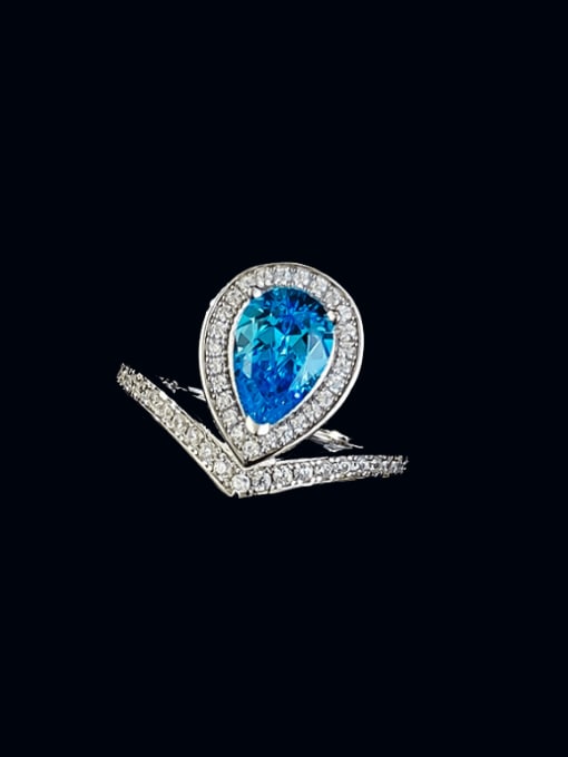 R952 Sea Blue Ring 925 Sterling Silver Cubic Zirconia Crown Luxury Cocktail Ring