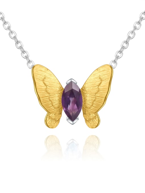 Natural Amethyst Pendant + chain 925 Sterling Silver Natural Stone Butterfly Minimalist Necklace