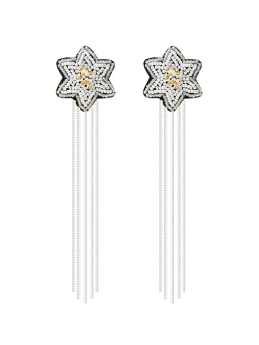 White e68840 Alloy Star Bead Tassel Bohemia Hand-Woven Drop Earring
