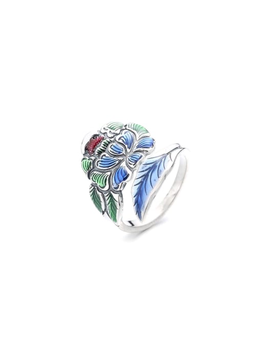 TAIS 925 Sterling Silver Enamel Flower Vintage Band Ring