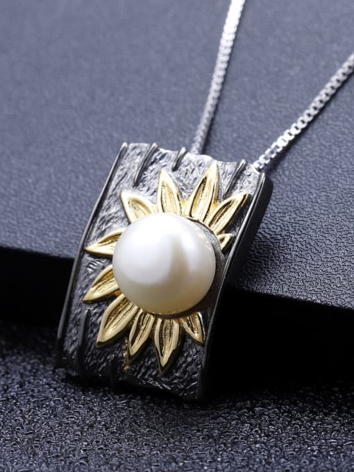 ZXI-SILVER JEWELRY 925 Sterling Silver Imitation Pearl  Sunflower Vintage Geometric Pendant Necklace 2
