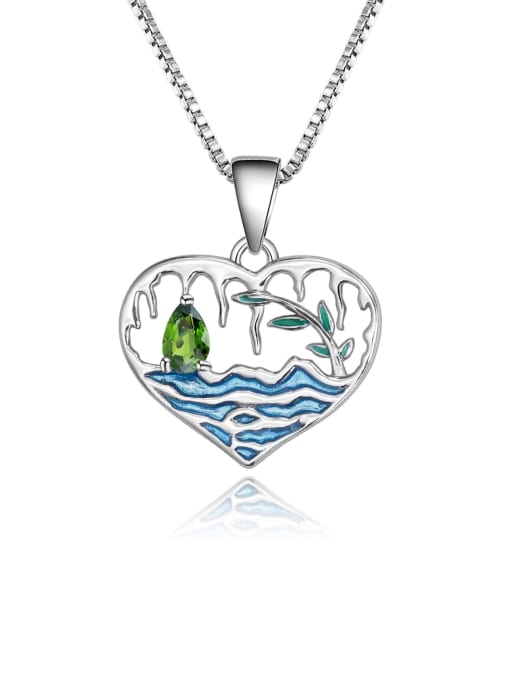 ZXI-SILVER JEWELRY 925 Sterling Silver Natural Chrome Diopside Heart Minimalist Necklace