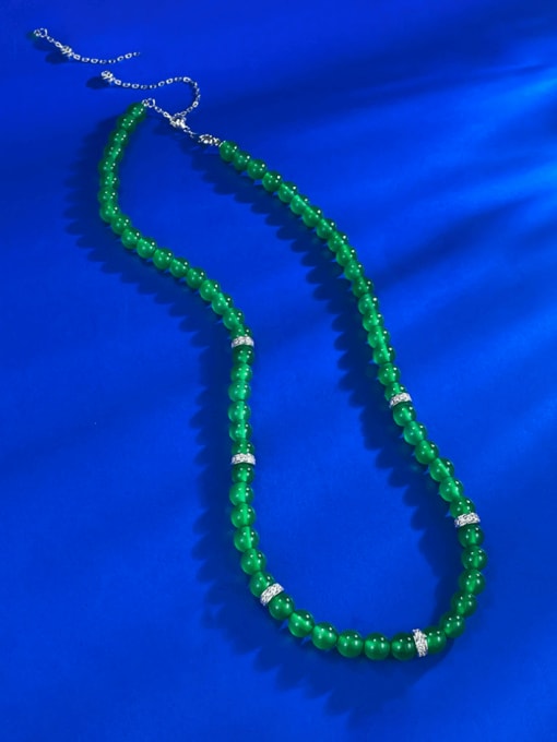 N400 Green Chalcedony Chain 925 Sterling Silver Jade Vintage Beaded Necklace