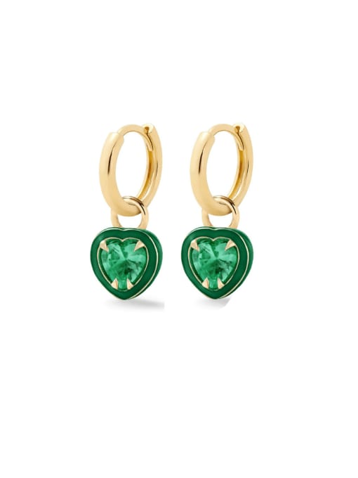 Golden +Green 925 Sterling Silver Cubic Zirconia Enamel Heart Minimalist Huggie Earring