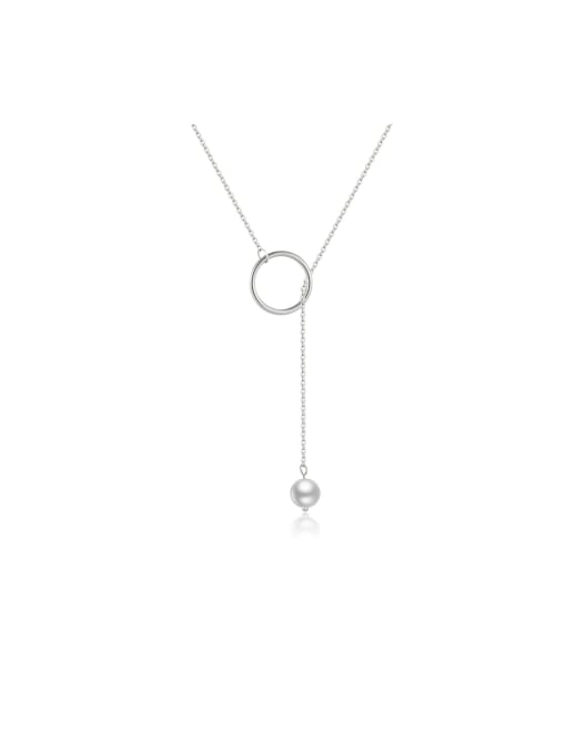 MZ- Silver 925 Sterling Silver Imitation Pearl Round Dainty Lariat Necklace 0