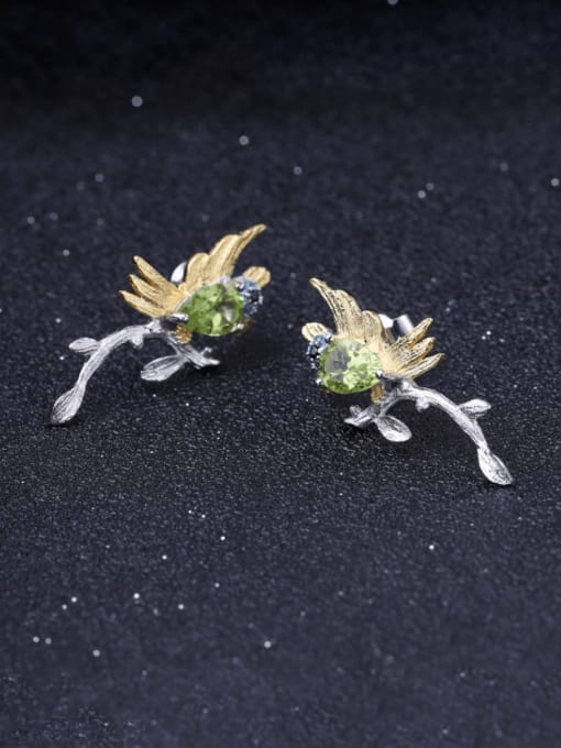 ZXI-SILVER JEWELRY 925 Sterling Silver Natural Stone Bird Artisan Stud Earring 2