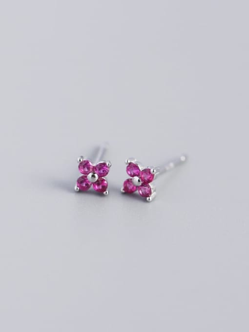 White gold red stone 925 Sterling Silver Cubic Zirconia Flower Dainty Stud Earring