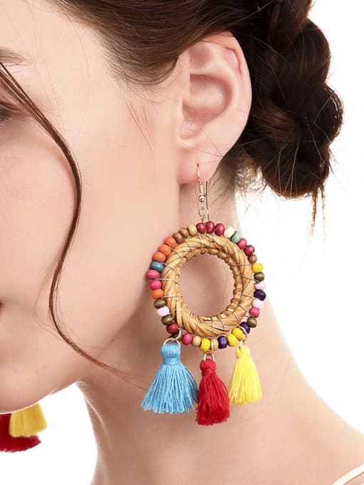 JMI Bead Multi Color Cotton Tassel Bohemia Hand-woven Drop Earring 1