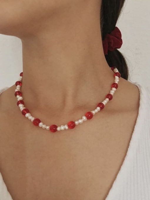 W.BEADS Titanium Steel Freshwater Pearl Natural stone Red Geometric Bohemia Beaded Necklace 1