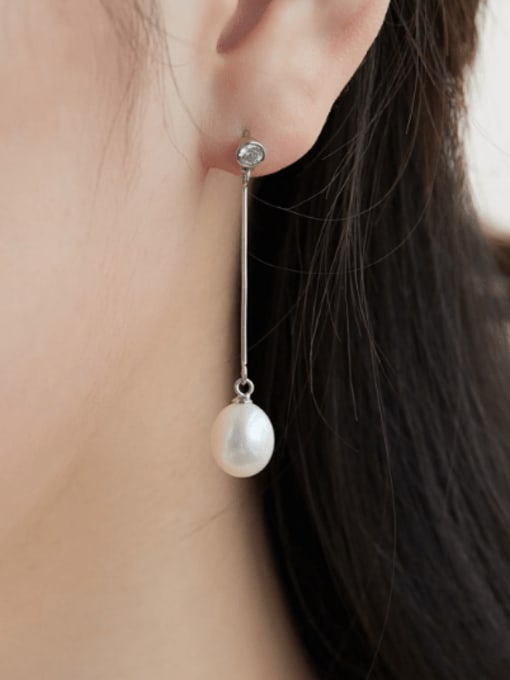 STL-Silver Jewelry 925 Sterling Silver Imitation Pearl Geometric Minimalist Threader Earring 1