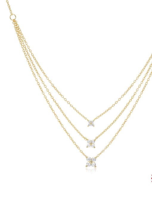 golden 925 Sterling Silver Cubic Zirconia Flower Dainty Multi Strand Necklace