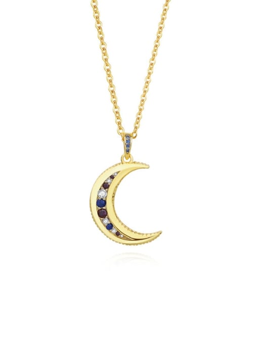A2679 Gold 925 Sterling Silver Cubic Zirconia Moon Vintage Necklace