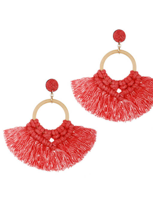 Red e68743 Alloy Cotton Tassel Bohemia Hand-Woven Stud Earring