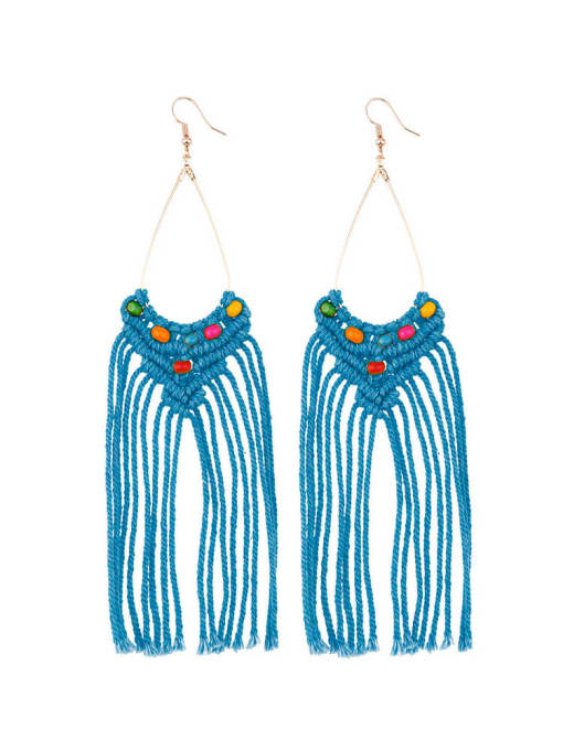 Blue e68738 Alloy Bead Cotton Tassel Artisan Hand-woven  Drop Earring