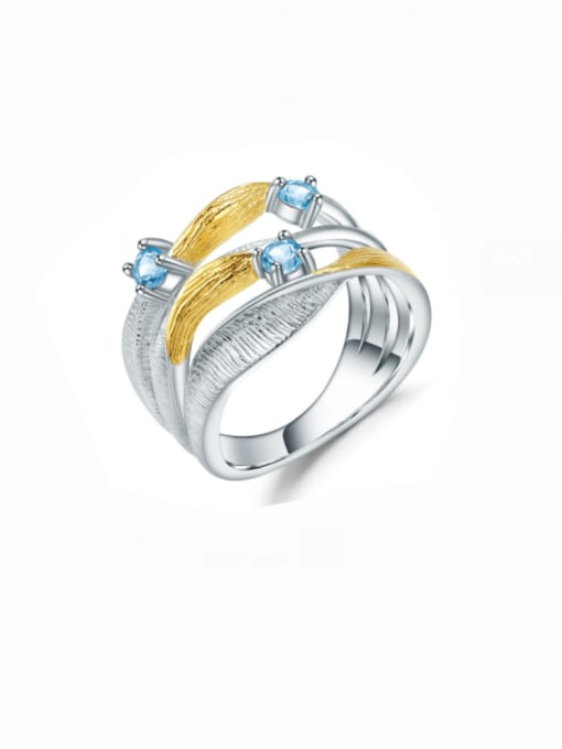 ZXI-SILVER JEWELRY 925 Sterling Silver Swiss Blue Topaz Geometric Luxury Stackable Ring 0