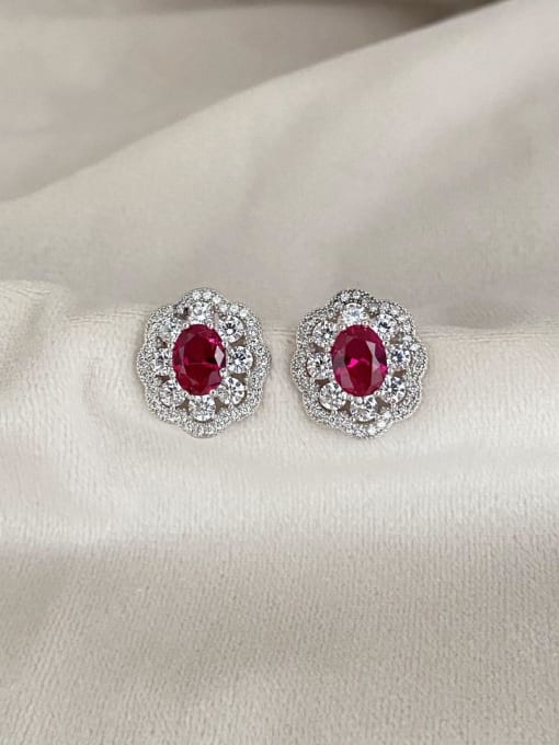 A&T Jewelry 925 Sterling Silver High Carbon Diamond Red Flower Luxury Stud Earring 1