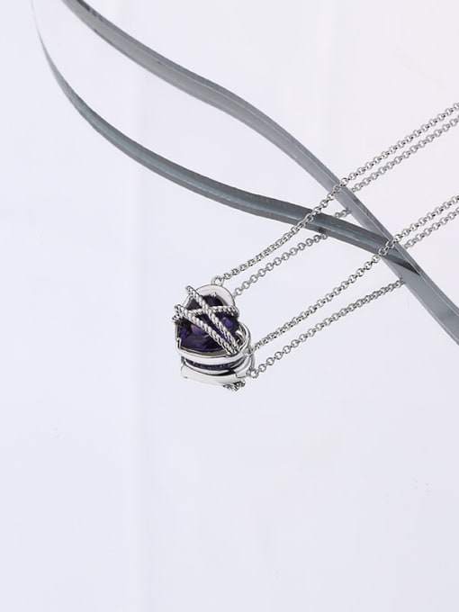 A2641 purple glass white gold 925 Sterling Silver Cubic Zirconia Heart Minimalist Necklace