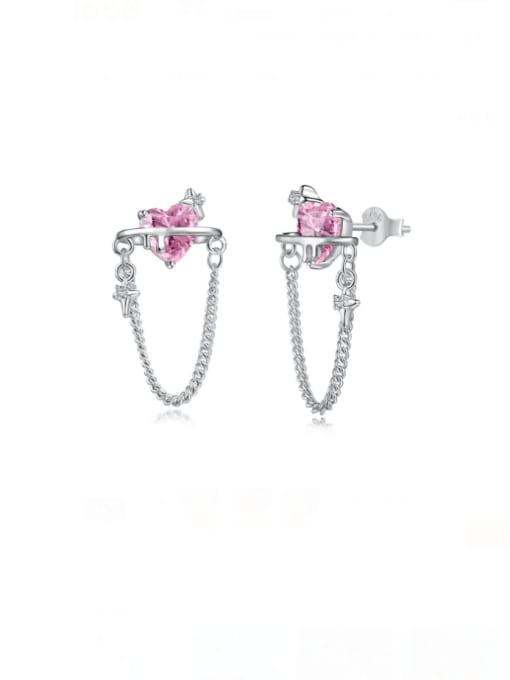 DY110244 S W Pink 925 Sterling Silver Cubic Zirconia Heart Tassel Dainty Stud Earring