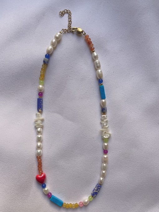 W.BEADS Natural Stone Multi Color Minimalist Freshwater Pearls Hand Beaded Necklace 0