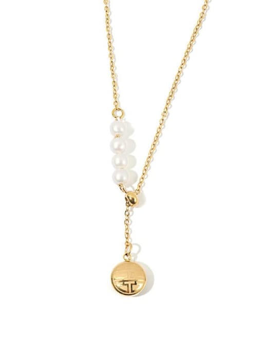 Pearl Fuxi Tassel Gold Necklace Titanium Steel Imitation Pearl Tassel Hip Hop Lariat Necklace