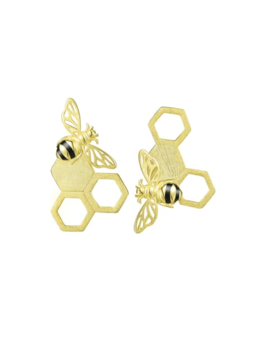 golden 925 Sterling Silver Enamel Bee Artisan Geometric Stud Earring