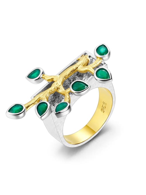 Green Agate Ring 925 Sterling Silver Swiss Blue Topaz Irregular Classic Branches Band Ring