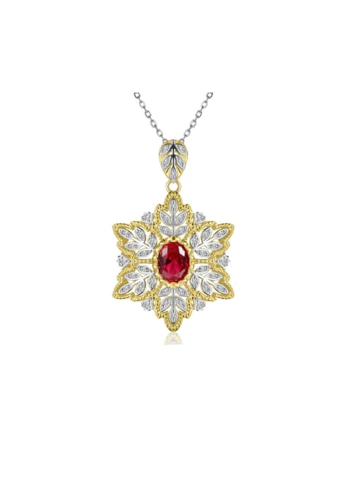 N238 Red Diamond 925 Sterling Silver Cubic Zirconia Flower Pendant Necklace