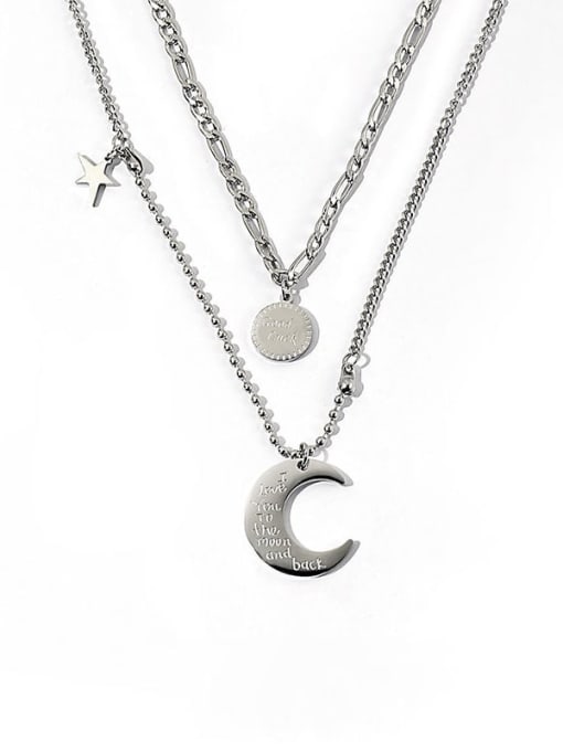 Moon Double Layer Silver Necklace Titanium Steel Heart Minimalist Multi Strand Necklace