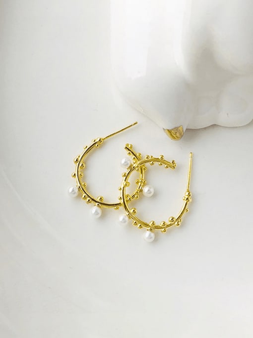 E711E Gold 925 Sterling Silver Imitation Pearl Geometric Minimalist Hoop Earring