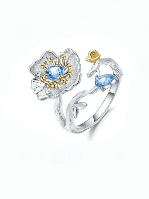 ZXI-SILVER JEWELRY 925 Sterling Silver Swiss Blue Topaz Flower Artisan Band Ring 0