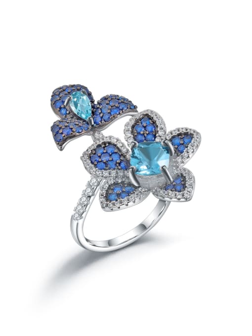 Swiss Blue Topaz stone ring 925 Sterling Silver Natural Stone Flower Luxury Band Ring