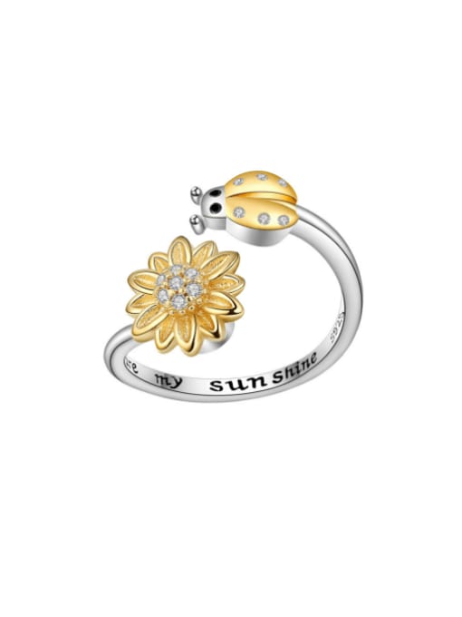 Platinum gold (fractional gold) 925 Sterling Silver Cubic Zirconia Flower Cute  Rotate Lettering  Band Ring