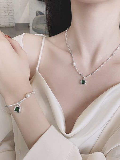 TAIS 925 Sterling Silver Cubic Zirconia Vintage Geometric Green Bracelet and Necklace Set 2