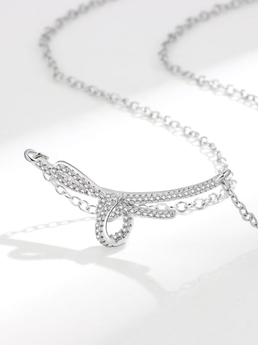 Platinum 925 Sterling Silver Cubic Zirconia Geometric Bowknot  Minimalist Necklace