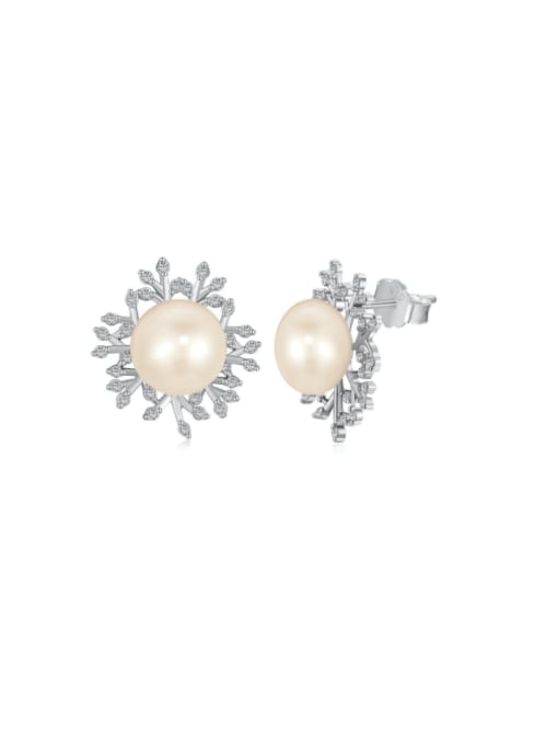 DY1D0264 S W WH 925 Sterling Silver Imitation Pearl Flower Vintage Stud Earring