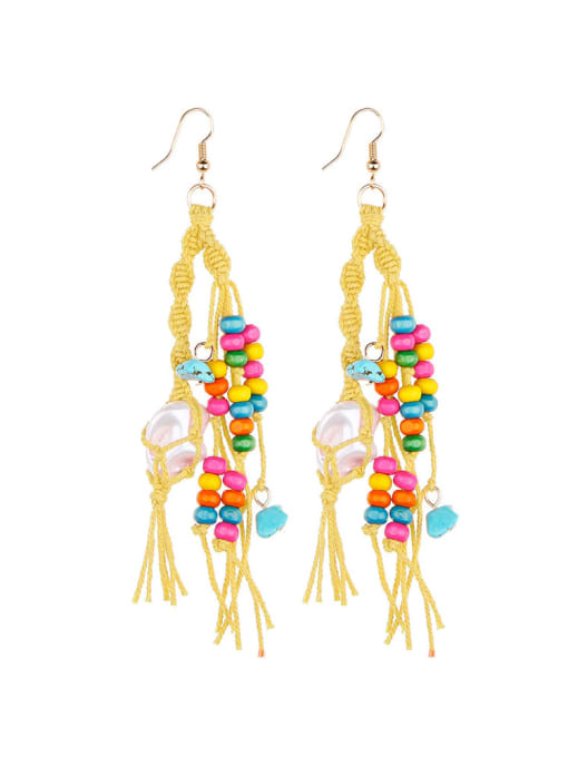 Yellow e68745 Alloy Turquoise Cotton Rope  Wooden beads Tassel Artisan Hand-Woven Drop Earring