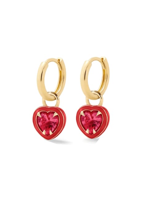 Golden+ Red 925 Sterling Silver Cubic Zirconia Enamel Heart Minimalist Huggie Earring
