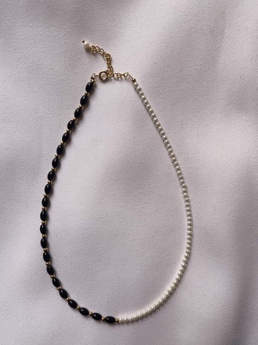 W.BEADS Titanium Steel Freshwater Pearl Black Geometric Vintage Beaded Necklace 0