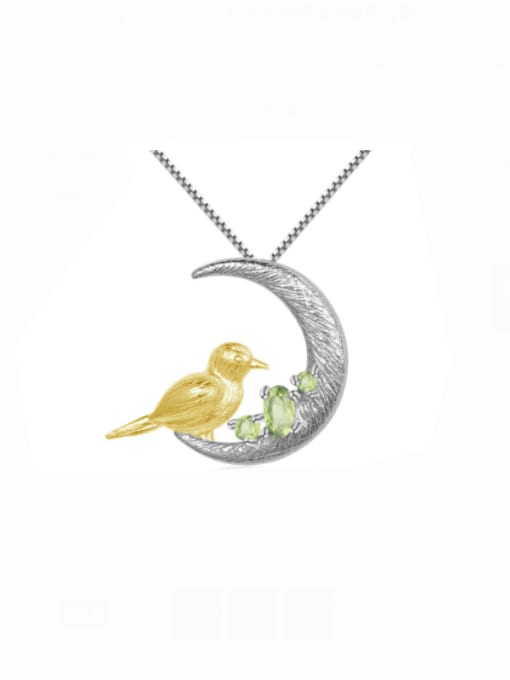 Natural olivine Pendant +chain 925 Sterling Silver Peridot Bird Artisan Moon Pendant  Necklace