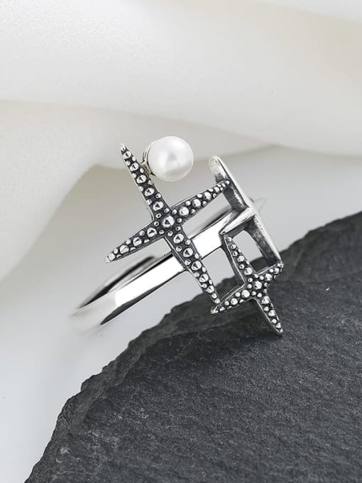 TAIS 925 Sterling Silver Imitation Pearl Cross Vintage Ring 0