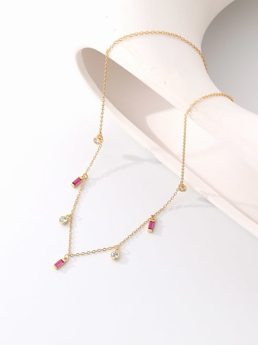 A2582 Golden Red Square 925 Sterling Silver Cubic Zirconia Geometric Minimalist Necklace