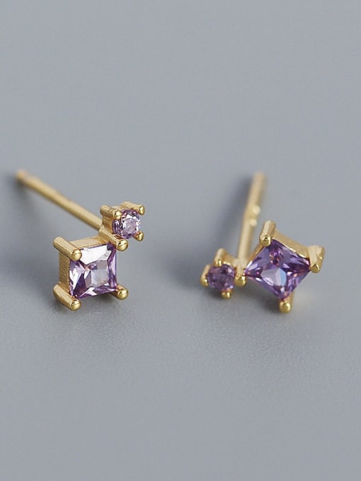 Gold (purple stone) 925 Sterling Silver Cubic Zirconia Geometric Minimalist Stud Earring